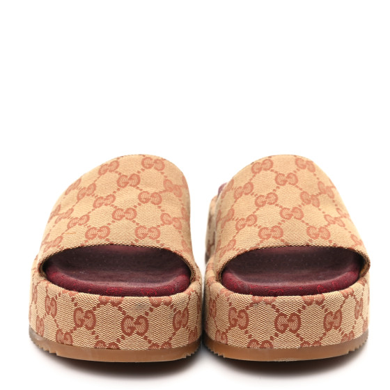 GUCCI アンジェリーナ GG プラットフォームスライド ベージュ Gucci Angelina GG Canvas Flatform Slide Sandals | Neiman Marcus