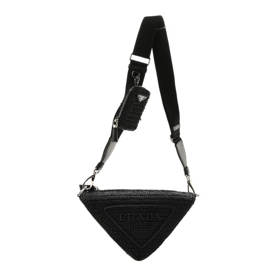 PRADA Yarn Raffia Effect Crochet Triangle Shoulder Bag Black