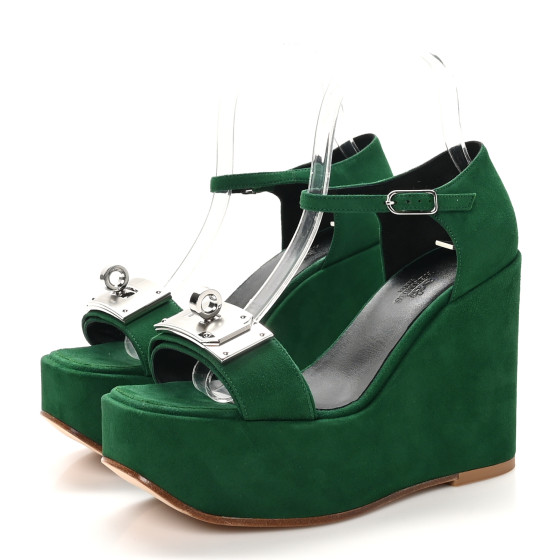 HERMES Suede Goatskin Hilda 80 Sandals 37.5 Vert Electrique