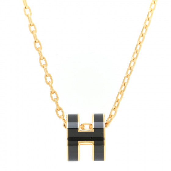 HERMES Lacquered Gold Mini Pop H Pendant Necklace Black