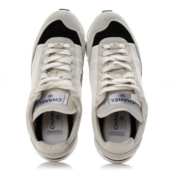 CHANEL Nylon Suede Kidskin Calfskin Logo Sneakers 37 White