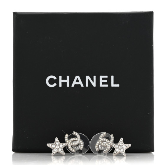 (•ᵕᴗᵕ•)⁾⁾ CHANEL Crystal CC Starfall Drop Earrings Silver 1701980