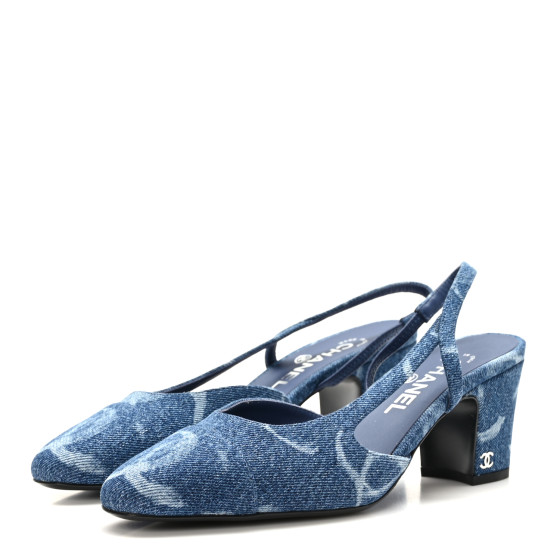 【夏らしく涼しげデザイン♪】CHANEL トップ CHANEL Printed Denim Cap Toe CC Slingback Pumps 38.5 Dark