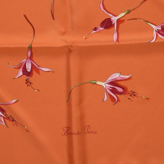 HERMES Silk Fleurs De Fuchsia Scarf 90 Orange 274500