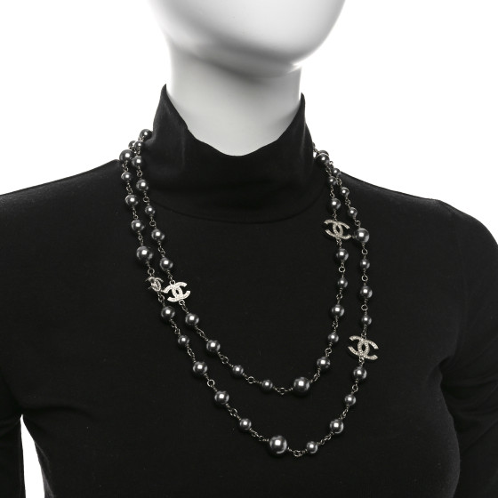 CHANEL Crystal Pearl Beaded CC Long Necklace Ruthenium