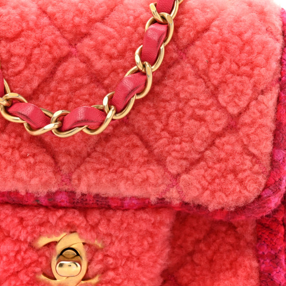 CHANEL Shearling Tweed Quilted Mini Square Flap Bag Pink