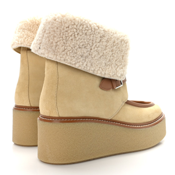 HERMES Suede Shearling Womens Hemisphere Ankle Boots 37.5