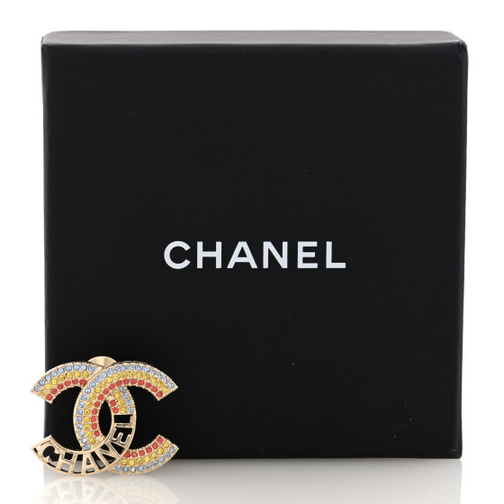 CHANEL Crystal Rainbow Logo CC Brooch Gold Multicolor