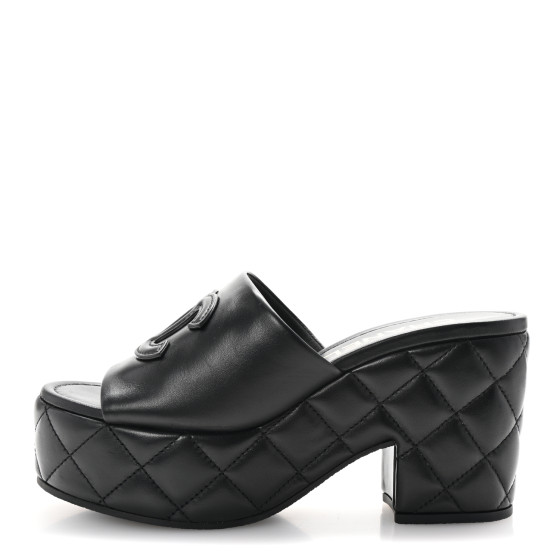CHANEL Lambskin Quilted CC Platform Mules 37 Black 1701398