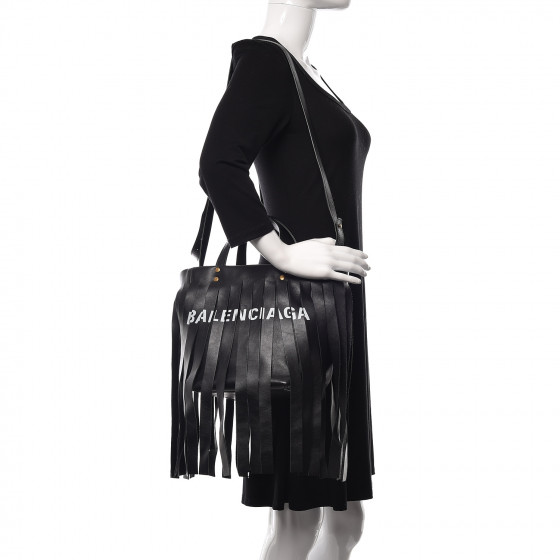 【BALENCIAGA】LAUNDRY CABAS BAG Balenciaga Black Leather Fringe Laundry Cabas Tote Bag