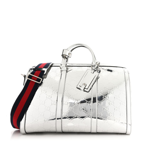 【関税&送料込】Gucci Silver Leather Medium Gg Travel Bag GUCCI Guccissima Medium Mirror Effect Duffle Silver 1577780