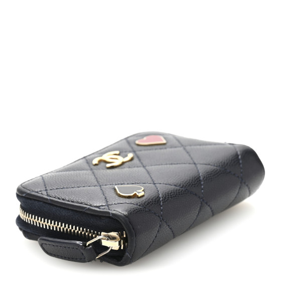 ★coco★ CHANEL Caviar Enamel Coco Casino Quilted Zip Coin Purse Navy