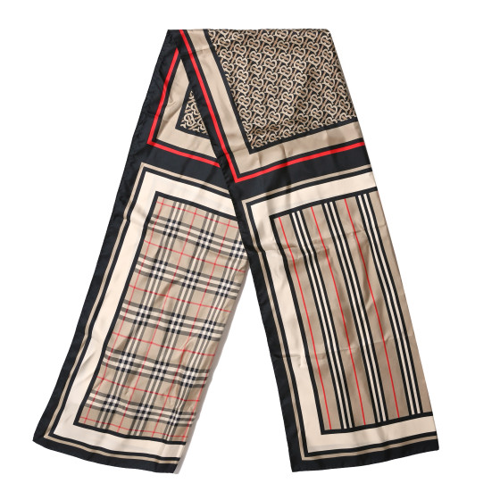 BURBERRY Silk Monogram Icon Stripe Check Print Scarf Archive