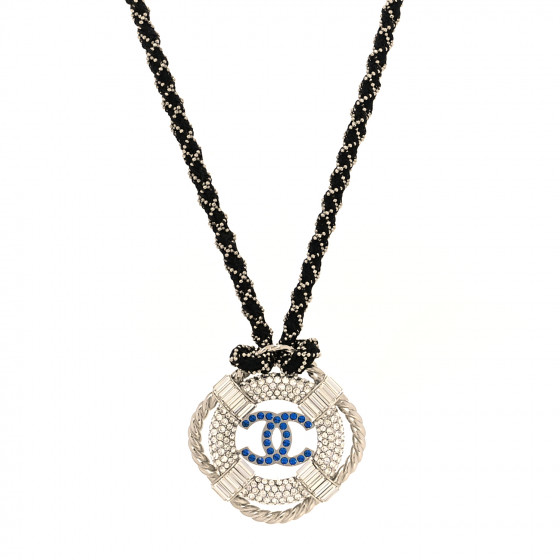 CHANEL Crystal CC Lifesaver Rope Pendant Necklace Silver Blue