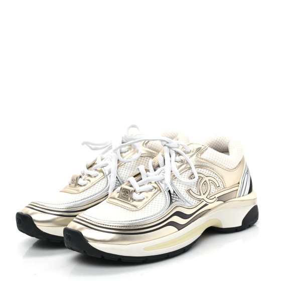 CHANEL Fabric Laminated Calfskin Stretch CC Sneakers 36.5