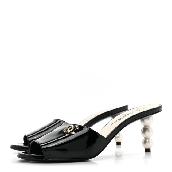 CHANEL Patent Lambskin Pearl Mules 38 Black 1427209