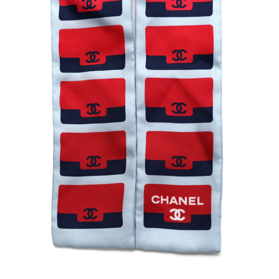 【完売間近】 (W) Chanel Slim Bandeau Silk Twill & Navy CHANEL Silk Twill Slim Bandeau Scarf Light Blue Multicolor