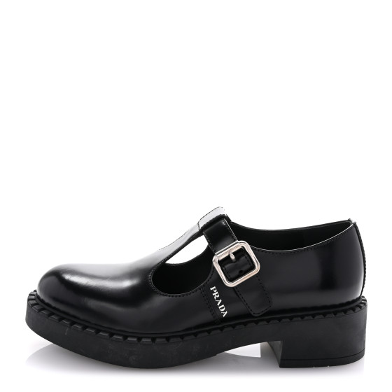 PRADA Spazzolato Mary Jane T Strap 40mm Loafers 38 Black