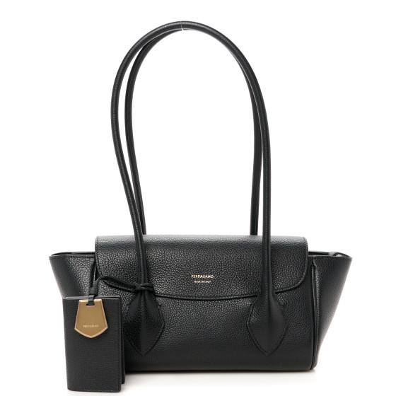 【SALVATORE FERRAGAMO】TOTE BAG SMALL Salvatore Ferragamo Black Pebbled Leather Small Bice
