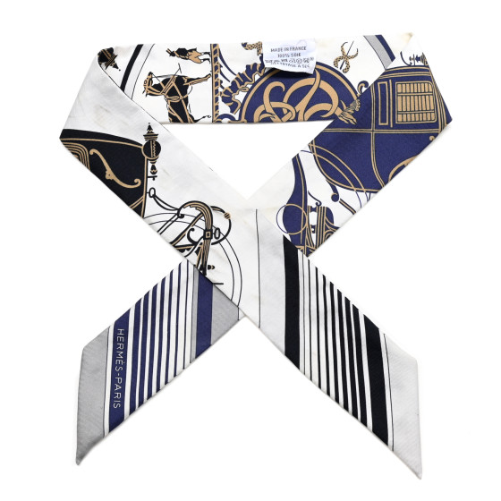 HERMES Silk Ex-Libris Twilly White Marine Gris 1652834