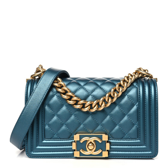 CHANEL Metallic Calfskin Quilted Small Boy Flap Blue 1651146