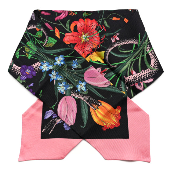 GUCCI Silk Twill Flora Snake Neck Bow Scarf Black Pink