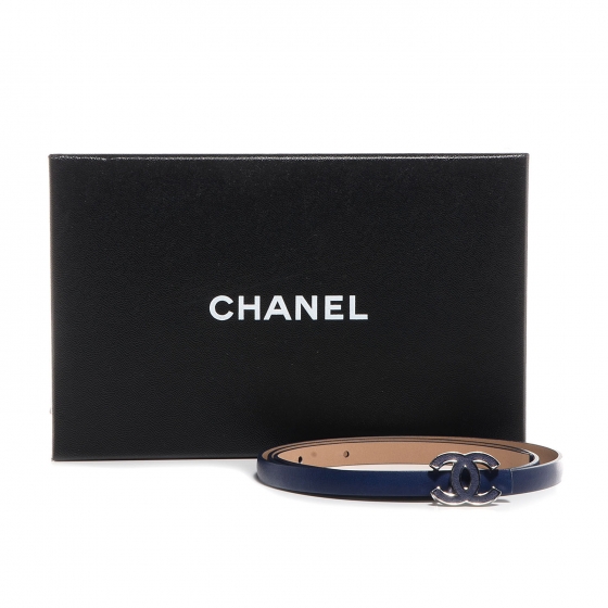 CHANEL Leather CC Logo Skinny Belt 85 34 Navy Blue 77429