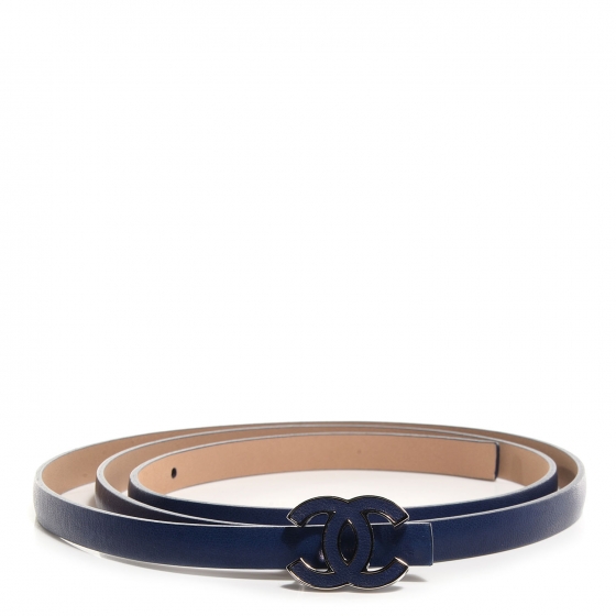 CHANEL Leather CC Logo Skinny Belt 85 34 Navy Blue 77429
