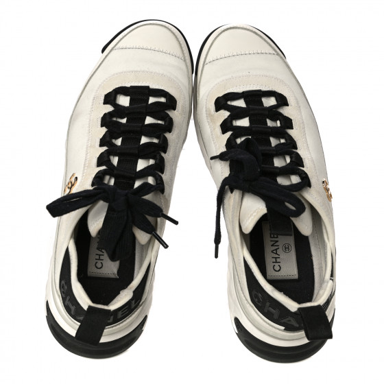 CHANEL Velvet Calfskin Mixed Fibers CC Sneakers 40 Ivory