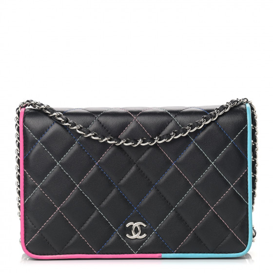 CHANEL Lambskin Quilted Wallet On Chain WOC Black Pink Light