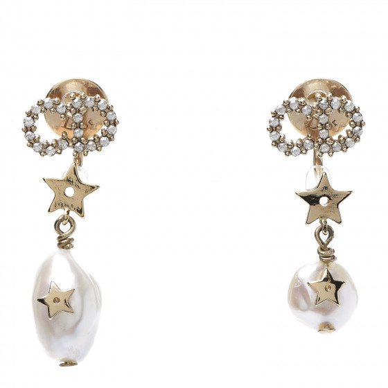 CHRISTIAN DIOR Crystal Pearl Shiny-D Earrings Gold 658630