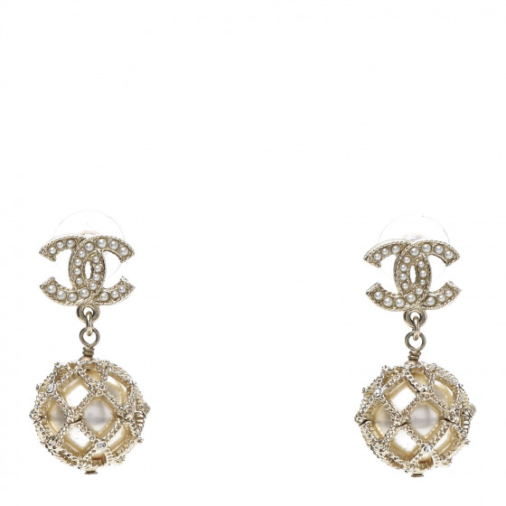 CHANEL Pearl Caged CC Drop Earrings Gold 665689 | FASHIONPHILE