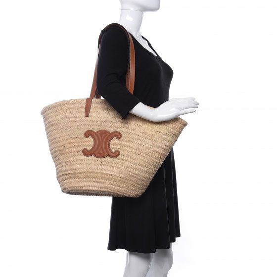 CELINE Raffia Calfskin Triomphe Medium Panier Tan 799832
