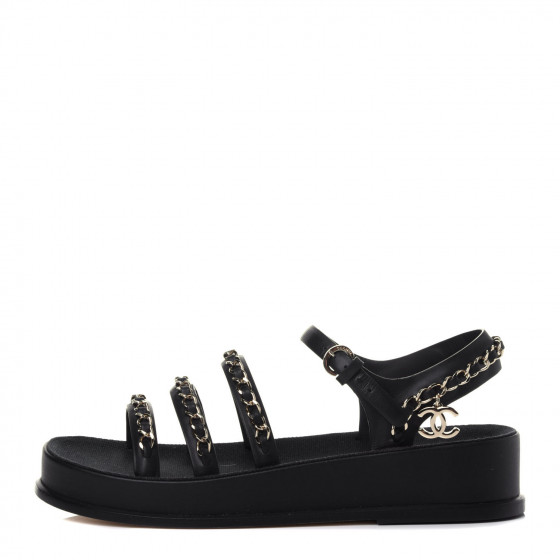 CHANEL Calfskin Chain Platform Sandals 36 Black 788485
