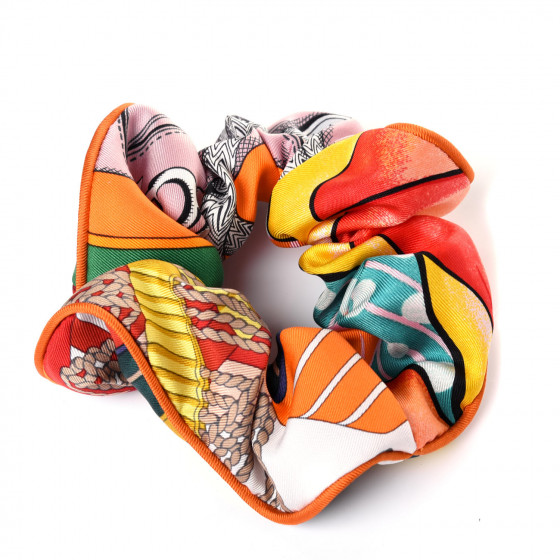 HERMES Silk Patchwork Claudia Scrunchie Orange Fruite 738077