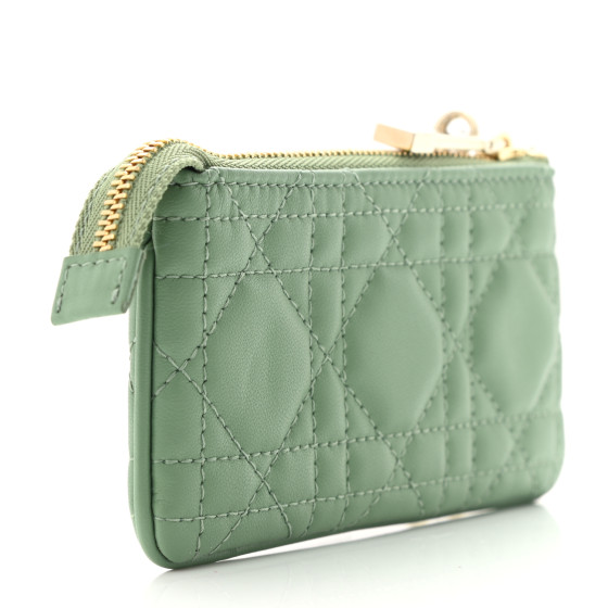 良品✨Dior ♡ Vintage ♡ Green coincase CHRISTIAN DIOR Lambskin Cannage Lady Dior Zipped Key Case