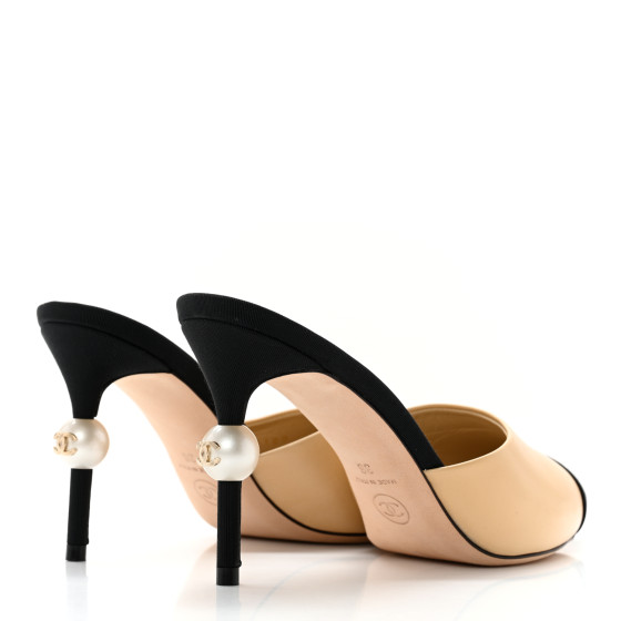 CHANEL Goatskin Grosgrain Cap Toe Pearl Mule 36 Beige Black