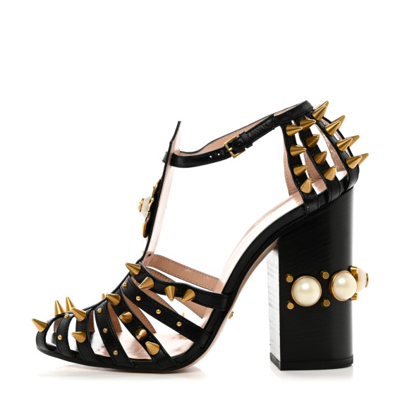 GUCCI Kid Leather Studded Kendall Sandals 40.5 Black Gold