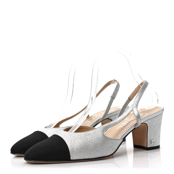 その他 Silk CHANEL Satin Cap Toe CC Slingback Pumps 41 Beige Grey