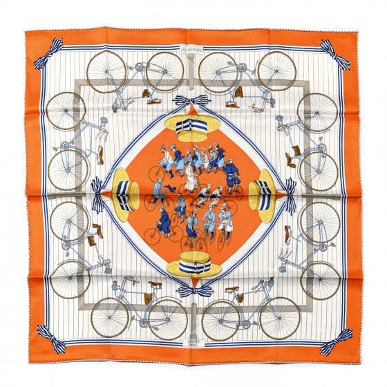 HERMES Silk Vintage Les Becanes Scarf 70 Orange White Bleu