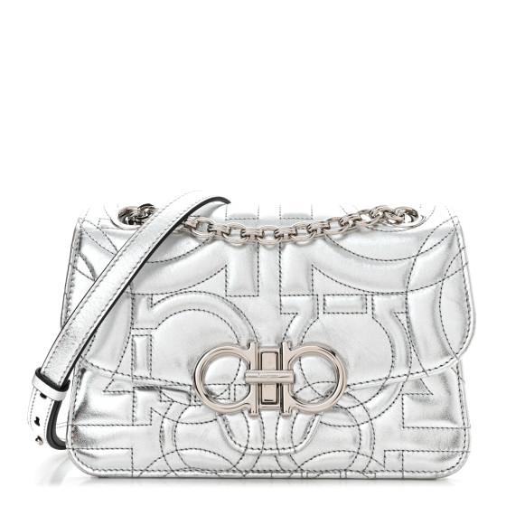 SALVATORE FERRAGAMO Calfskin Quilted Gancini Flap Bag Silver