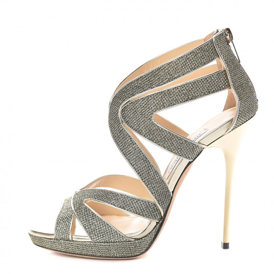JIMMY CHOO Lame Glitter Collar Sandal 37 Light Bronze 536136