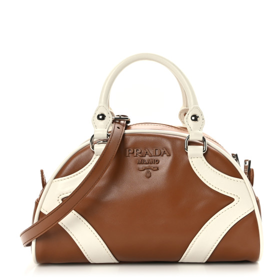 PRADA Soft Calfskin Bowling Crossbody Bag Cognac White