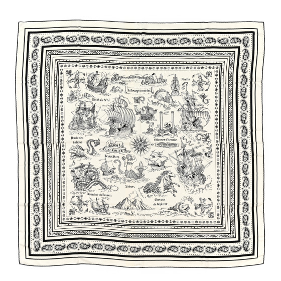 HERMES Cashmere Silk Tatouages Marins Bandana Shawl 140 White Black