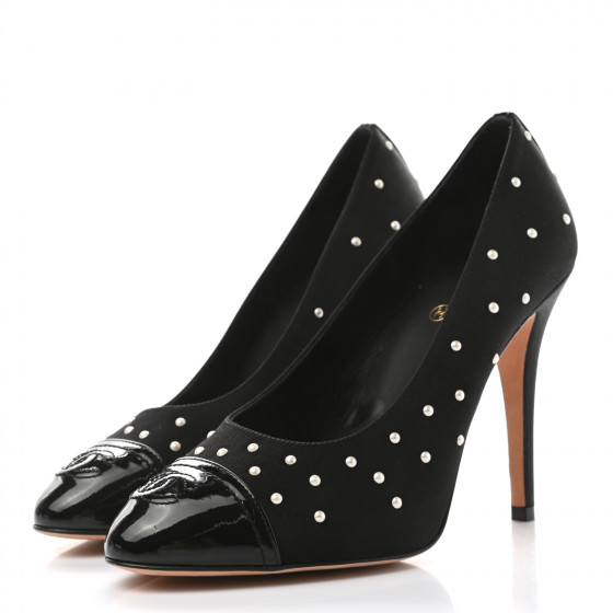 CHANEL Satin Pearl Patent Cap Toe Pumps 38 Black 988666