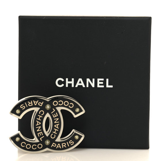 CHANEL Resin Crystal Chanel Paris Logo CC Brooch Black White