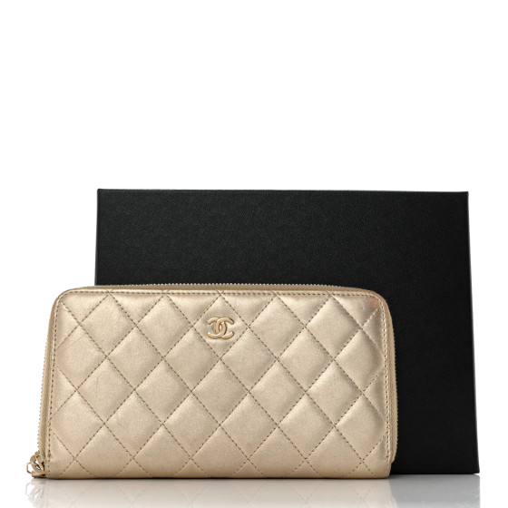 CHANEL Metallic Lambskin Quilted Large Gusset Zip Around