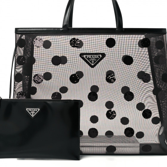 【関税送料込】Prada Polka Dot Mesh & Leather Tote ブラック PRADA Mesh Sequin Polka-Dot Tote Bag Black 1070316