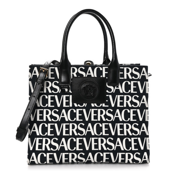 Versace★素敵!Black Canvas Silver Medusa Head Tote Bag VERSACE Canvas Calfskin Allover La Medusa Small Tote Black