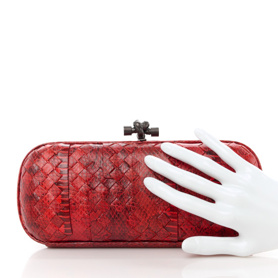 BOTTEGA VENETA Snakeskin Intrecciato Stretch Knot Clutch Red